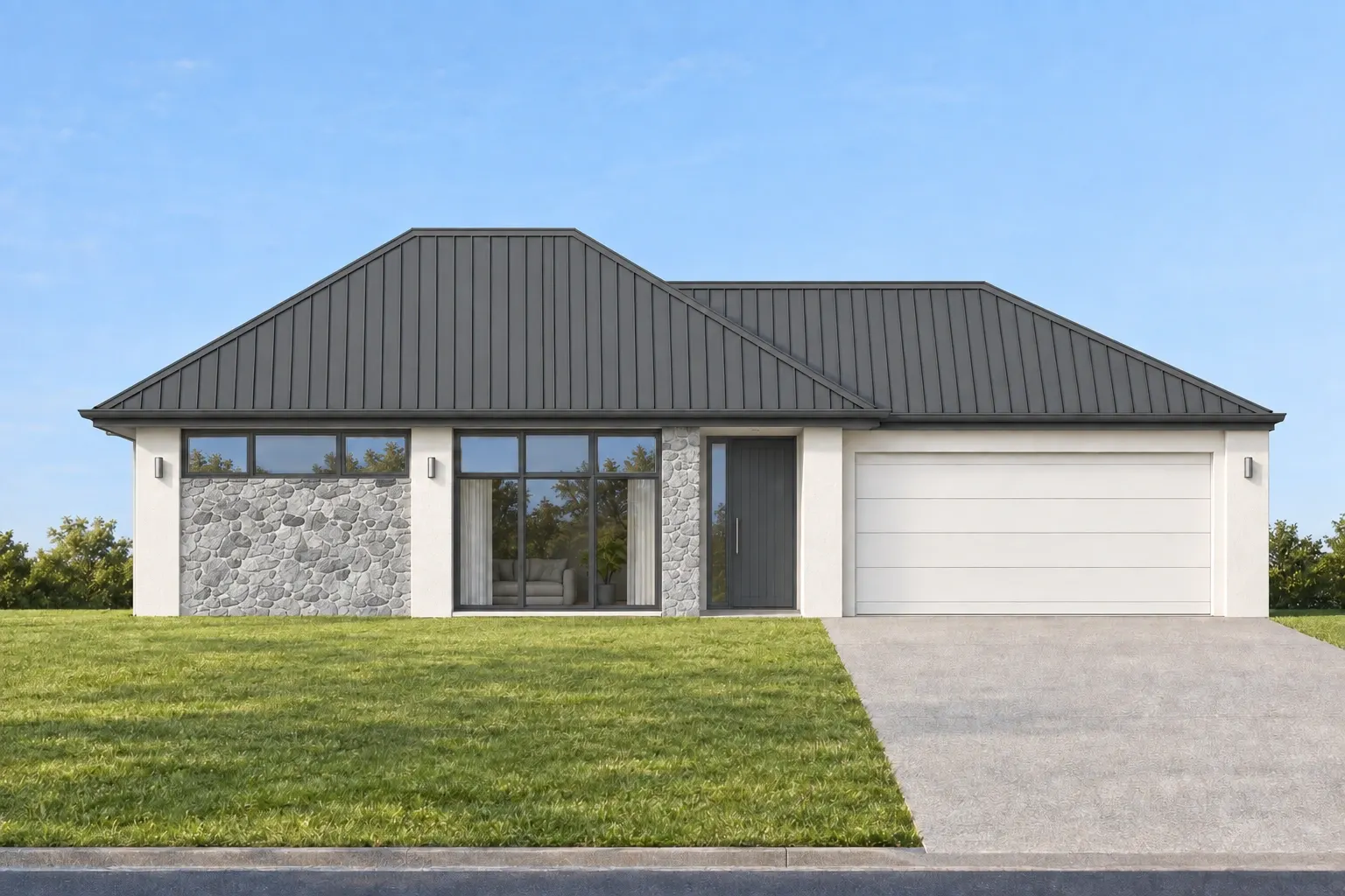 Modern Contrast facade impression of the Forestville plan, dark roof and crisp render with timber accents
